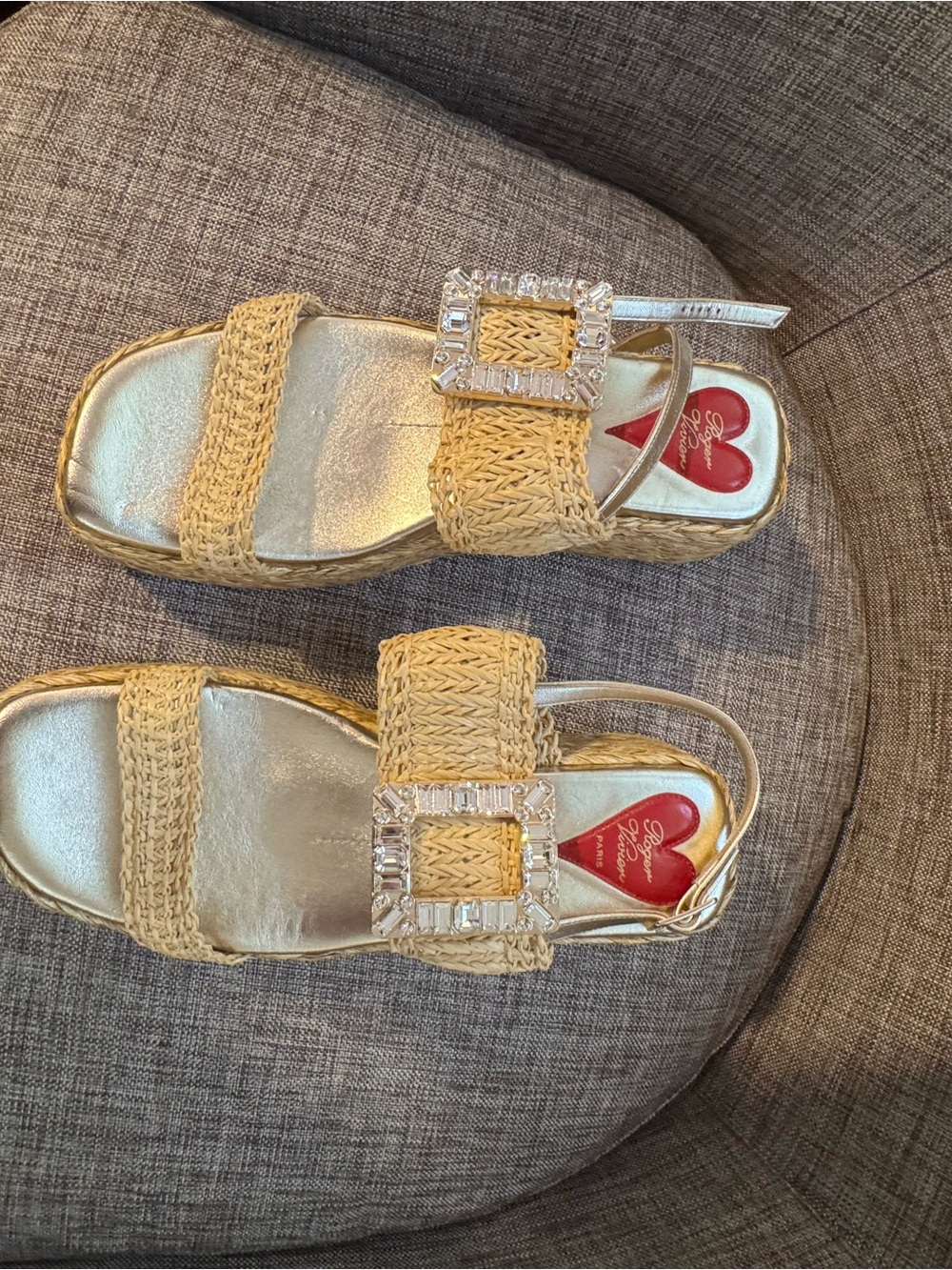 Roger Vivier Beige Woven Raffia Platform Sandals with Rhinestone Buckle - Picture 3 of 10